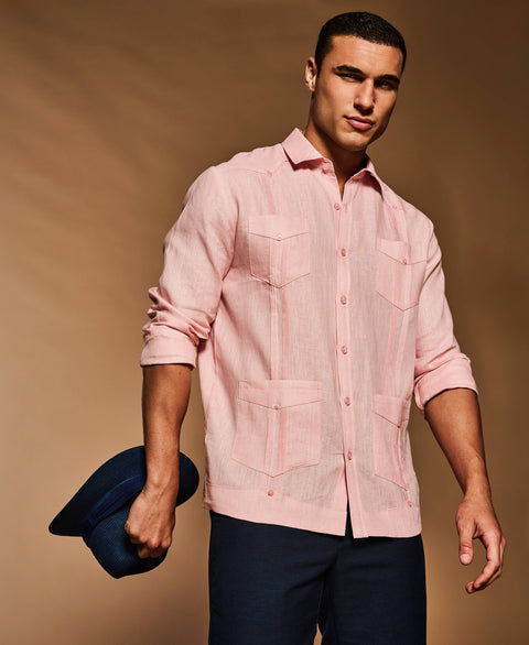 100% Linen Classic Guayabera Shirt - Long Sleeve - Silver Pink-Guayaberas-Cubavera