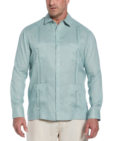 Big & Tall 100% Linen Classic Guayabera Shirt - Long Sleeve (Blue Surf) 