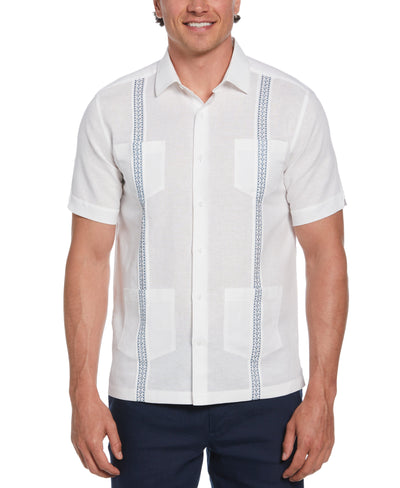 Linen Blend Guayabera Shirt with Geo Embroidered Panels (Brilliant White) 