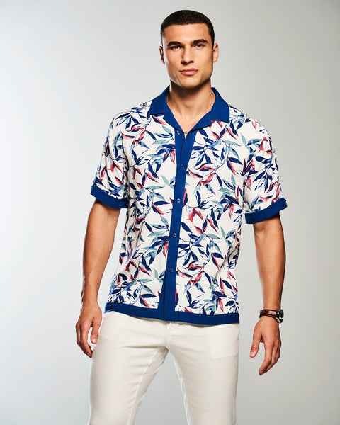 Watercolor Leaf Print Textured Shirt-Casual Shirts-Cubavera