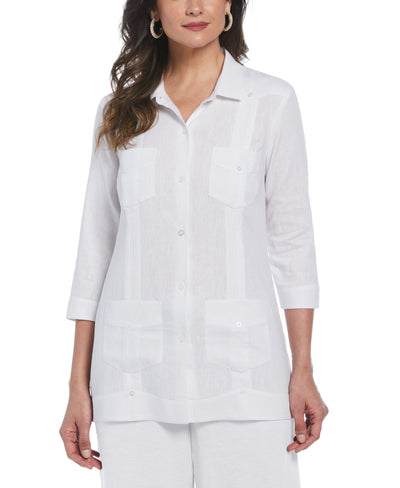 Linen Blend Guayabera Blouse (Brilliant White) 